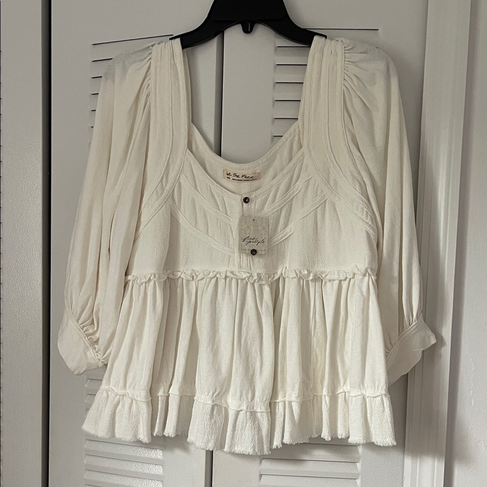 We The Free Cream Blouse with Ruffle Detail